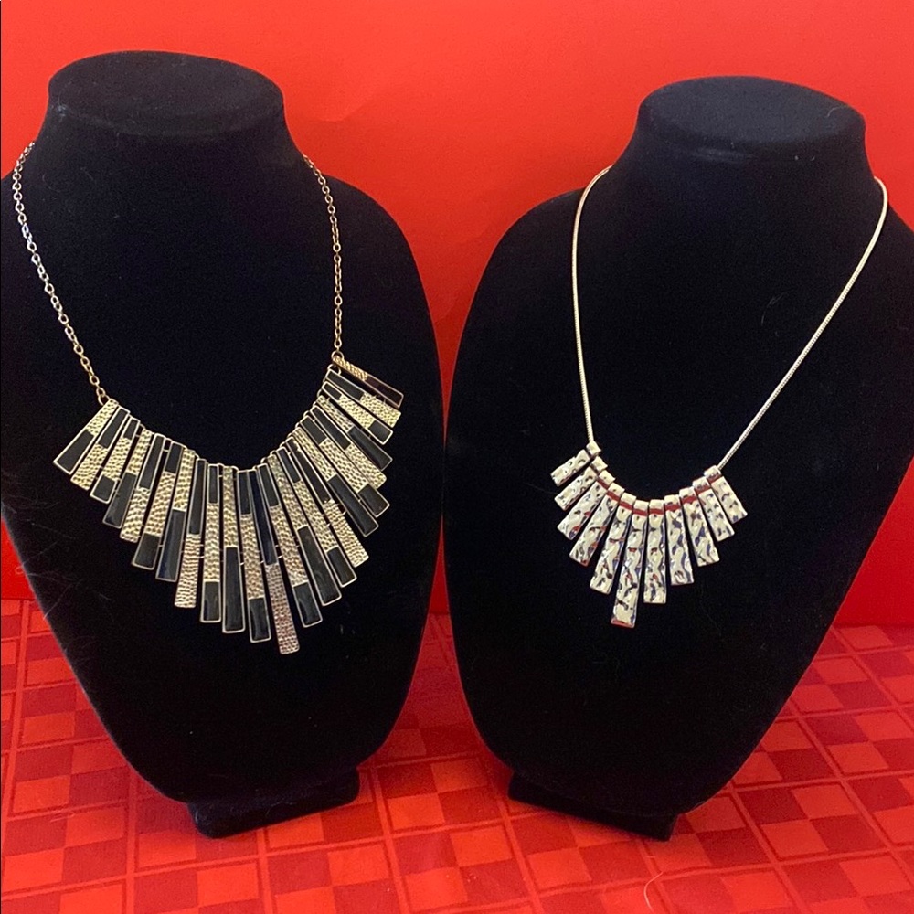 Silver Tone and Black Cascading Fan Necklace Set